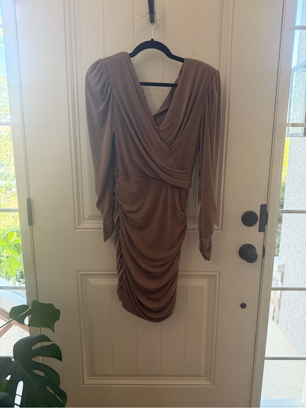 Astr Ruched Drape V-Neck Mini Dress - Taupe